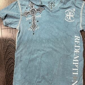 Raw State Shirt Mens 2XL Black Distressed V Neck Graphic Tee Braided stitching